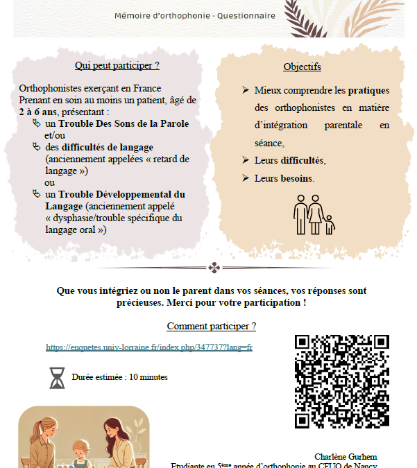 Questionnaire – Intervention orthophonique auprès d&rsquo;enfants, âgés de 2 à 6 ans, présentant un trouble des sons de la parole et/ou des difficultés de langage ou un trouble développemental du langage