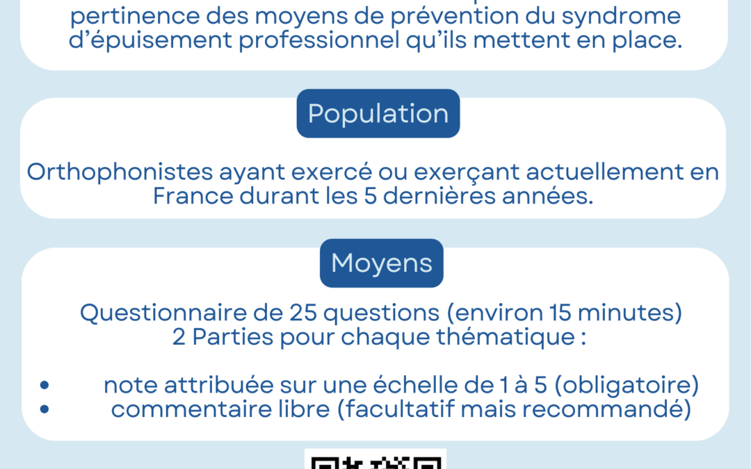 Questionnaire prévention burn-out – La prévention du syndrome d&rsquo;épuisement professionnel des orthophonistes français : leurs ressentis concernant la pertinence de leurs stratégies